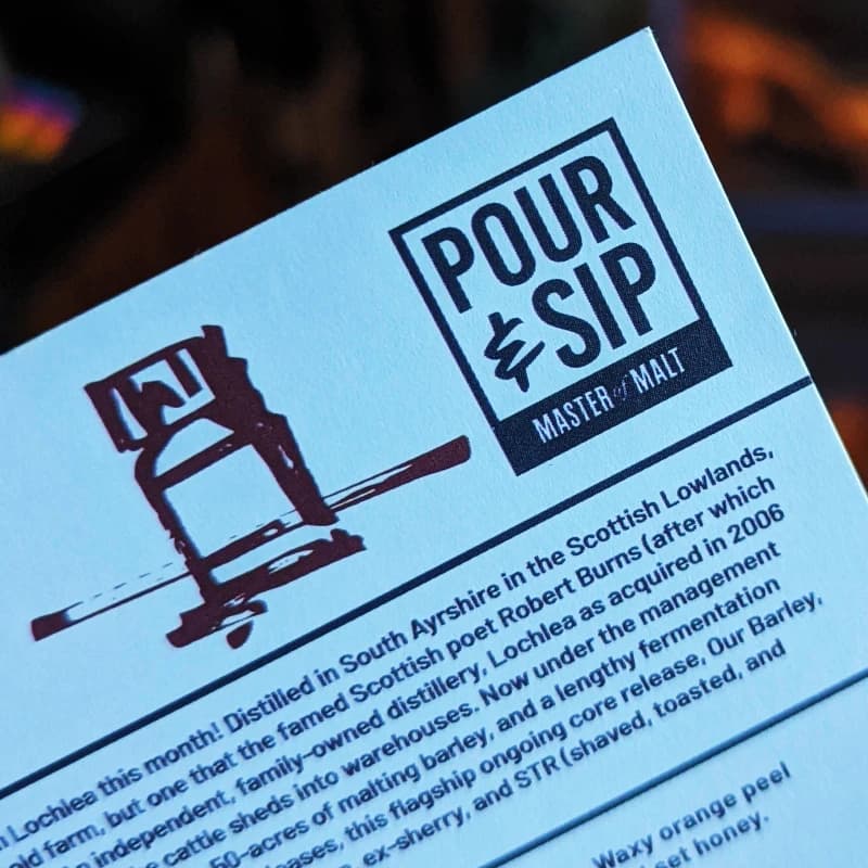 A tasting card from the Pour and Sip August 2022 whisky tasting box